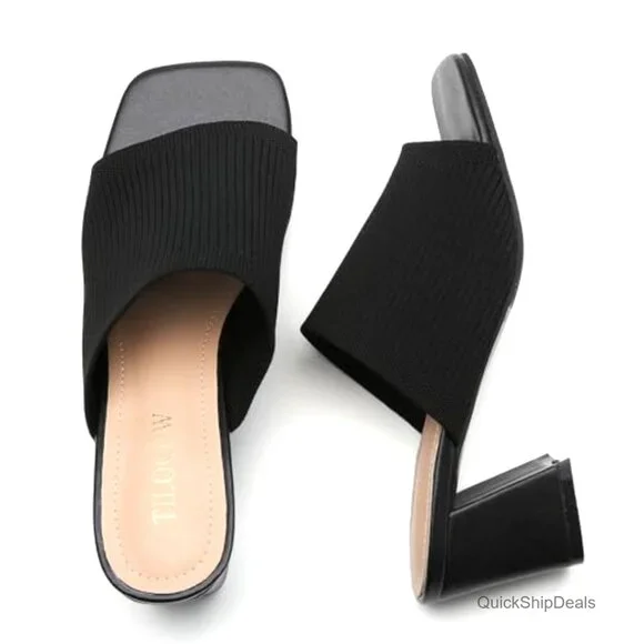 Knit Heeled Sandals, Square Toe Mules with Chunky Block Heel